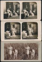 cca 1900-1904 Pikáns sztereófotók a századfordulóról, 3 db, 2 felültén törésnyommal, 9x18 cm