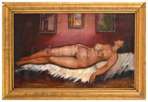 Román jelzéssel: Fekvő akt. Olaj, farost, keretben, 39×62 cm