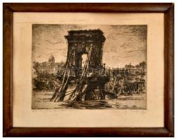 Rimaszéky-Richter Aladár (1898-?): Budapest 1945. Rézkarc, karton, jelzett, keretben, foltos, 23×31 ...