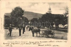 Marosújvár, Ocna Mures; utcakép, szamár szekér, templom, postás. Alfred Adler kiadása / street view with postman and church, donkey cart (EK)