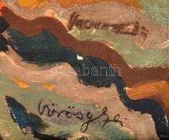 Vörös jelzéssel: Sárga házak. Olaj, karton, kertben, 47×75 cm