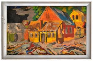Vörös jelzéssel: Sárga házak. Olaj, karton, kertben, 47×75 cm