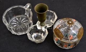 3 db üvegtárgy: sótartó, cukortartó, kiöntő, formába öntöttek, kis kopásokkal, különböző méretben