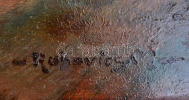 Rubovics jelzéssel: Ház a folyóparton. Olaj, farost, keretben  50×90 cm