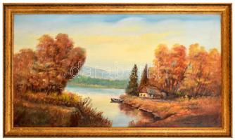 Rubovics jelzéssel: Ház a folyóparton. Olaj, farost, keretben  50×90 cm