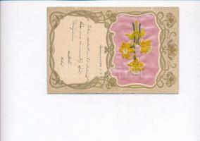 Art Nouveau hímzett selyem üdvözlőlap. Szabadalom és kiadótulajdonosok W.Gy. és B.D.S. / Art Nouveau silk greeting card