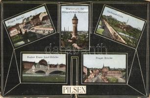 Plzen, Pilsen; Prager Brücke, Wasserturm, Kaiser Frannz Josef Brücke, Sachsenbrücke, Bürgerliche Brauerei / bridges, water tower, brewery. Art Nouveau (surface damage)