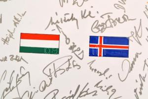 1995 A magyar labdarúgó válogatott (Csábi József, Illés Béla, Hajdu Attila, stb.)  által aláírt porc...