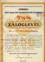 1927. "Pesti Hazai Első Takarékpénztár-Egyesület" záloglevele 50$-ról, szelvényekkel