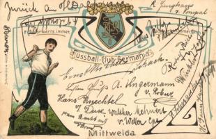Fussball Club Germania Mittweida / German football club, coat of arms, football player. Schneider & Hähle Art Nouveau litho + signatures (EK)