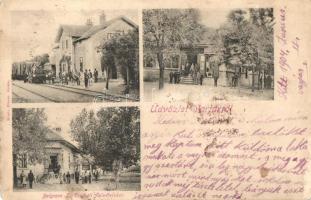 Varjas, Varias; vasútállomás gőzmozdonnyal, gyógyszertár, Elsner F. Gyula üzlete és saját kiadása / railway station with locmotive, pharmacy, shop (EK)