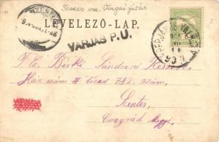 Varjas, Varias; vasútállomás gőzmozdonnyal, gyógyszertár, Elsner F. Gyula üzlete és saját kiadása / ...