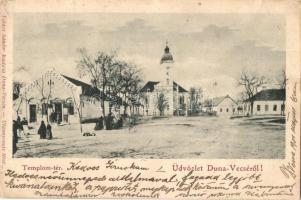 1901 Dunavecse, Templom tér, Református templom, Takács Ignác üzlete, piaci árusok. Takács Sándor kiadása