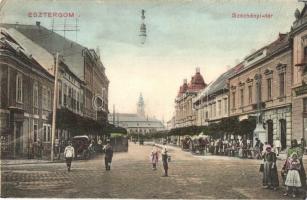 Esztergom, Széchenyi tér, Oblatt Lajos lisztraktára, piaci árusok, Kereskedelmi és iparbank, Fonciere pesti biztosító főügynöksége (EK)