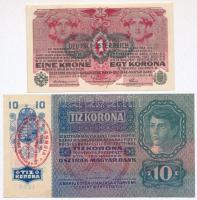 1915. 10K + 1916. 1K mindkettő Deutschösterreich felülbélyegzéssel és hamis A Magyarországi Tanácsköztársaság követsége - Bécs bélyegzésekkel (fake overprint) T:II tűlyukak
