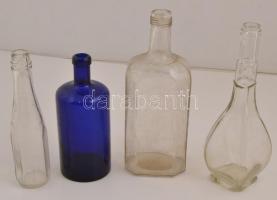 Régi különféle üveg palackok, egyiken apró csorba, (Meinl, Globus), összesen: 4 db, m:21-25 cm