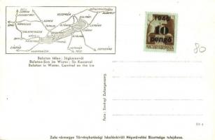 Balaton télen, Jégkarnevál, korcsolyázók a befagyott tavon, hátoldalon térkép (EK)