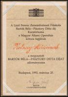 1992 Zolnay Mária (?-?) operaházi kórista megosztott Bartók-Pásztory-díj adományozó oklevele