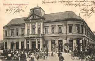 Nyíregyháza, Korona szálloda, Gyurcsány Ferenc, ifj. Szarvady Mihály és Kovács András üzlete, piac árusokkal