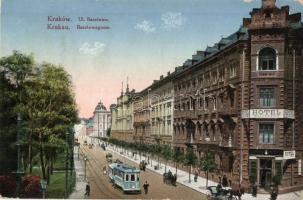 Kraków, Krakau; Ul. Basztowa / street view with tram, Hotel Belvedere