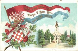 Fiume, Trsatska crkva / Tersatto, Church of Our Lady of Trsat. Croatian coat of arms, flag. Fischer Art Nouveau litho (EK)