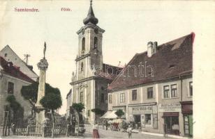 Szentendre, Fő tér, szobor, Schwarcz Vilmos, Weisz Márk és fia és Wuits István üzlete, templom (EK)