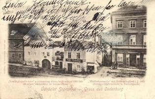 Sopron, Oedenburg; Vendégfogadó-szer a Rozmaring utca bejáratával 1865-ben / Mehl-Niederlage, Wirthshausseite mit Rosmaringassl (szakadás / tear)