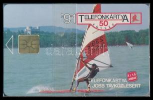 1991 Balatoni szörf, használatlan, sorszámozott telefonkártya, bontatlan csomagolásban, 50 egységes.