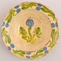 Mázas fazekas tányér, kézzel festett, kopott, d:22 cm
