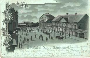 Nagykanizsa, Fő utca, Milhofer Ödön, Irmler József, Pollák üzletei, Schless Antal kiadása. Pick Testvérek ezüstös floral Art Nouveau litho (EK)