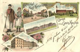 1899 Nagykanizsa, Fő utca, Szent Ferenc-rendi zárda, Sörgyár, Közöshadseregi laktanya, folklór. Mair J. kiadása, floral Art Nouveau litho (EB)