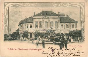 1902 Hódmezővásárhely, Központi szálloda és kávéház, szökőkút, termény és gabona csarnok. Kiadja Jaeger Nándor, Art Nouveau