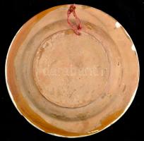 Mázas fazekas tányér, kézzel festett, több helyen máz hiánnyal, d:20 cm