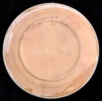Mázas  fazekas falitányér, kézzel festett, kopott, d:24,5 cm