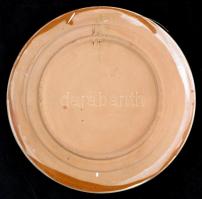Mázas fazekas falitányér, kézzel festett, kopott, d:24 cm