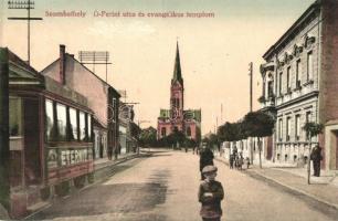 Szombathely, Ó-Perint utca, evangélikus templom, villamos Eternit reklámmal az oldalán (EK)