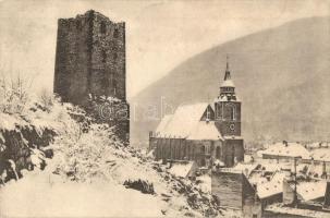 Brassó, Kronstadt, Brasov; Fekete torony és az evangélikus templom télen / tower and church in winter (ázott / wet damage)