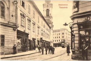 Temesvár, Timisoara; Szeminárium, Tóth Béla, Gresham üzletei, kávéház, villamos. Tóth Béla kiadása / seminary, shops, café, tram (EK)