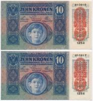 1915. 10K (2x) mindkettő piros függőleges "DEUTSCHÖSTERREICH" felülbélyegzéssel, sorszámkö...