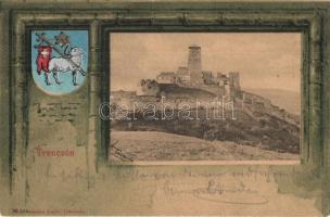 Trencsén, Trencín; vár, címeres keret. Gansel Lipót kiadása / castle, coat of arms Art Nouveau litho frame