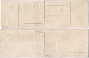 15 db RÉGI numizmatikai motívumlap, különböző országok érmei, zászlóval. Dombornyomott litho képesla...