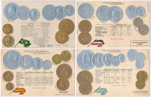 15 db RÉGI numizmatikai motívumlap, különböző országok érmei, zászlóval. Dombornyomott litho képesla...