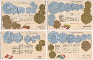 15 db RÉGI numizmatikai motívumlap, különböző országok érmei, zászlóval. Dombornyomott litho képesla...