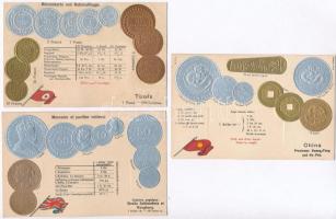 15 db RÉGI numizmatikai motívumlap, különböző országok érmei, zászlóval. Dombornyomott litho képesla...