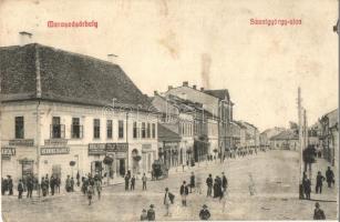 Marosvásárhely, Targu Mures; Szentgyörgy utca, Nagy Sándor gyógyszertára, Gyulay testvérek, Sófalvi Rebi, Falkenstein Ödön és Henning Károly üzlete  / street view with shops, pharmacy (Rb)