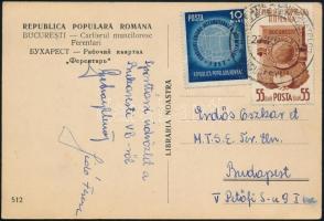 Sidó Ferenc (1923-1998) asztaliteniszező aláírása a bukaresti VB-ről hazaküldött képeslapon