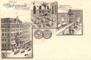 Budapest VII. Rákóczi út 58. Hotel Metropole szálloda reklámlapja, belsők, villamos. Pápai Ernő kiadása litho (EK)