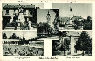 Budapest XVII. Rákoscsabaújtelep, Hősök szobra, Országzászló, Római katolikus templom, Csabagyöngye strand, Állami elemi iskola. Sterner M. Ida kiadása