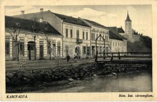 Karcfalva, Csíkkarcfalva, Carta; Rómao katolikus vártemplom, utcakép, híd / castle church, street view with bridge  (EK)