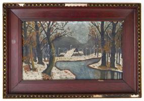 Jelzés nélkül: Téli háztetők. Olaj, vászon, keretben, 17×29 cm